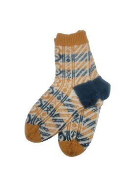 Handmade Wool Blend Knitted Socks Nordic Pattern Mustard & Teal Womens 10-12 Coz